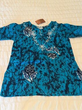 Raj Teal and Navy Blue Floral Embroidered Kids Top